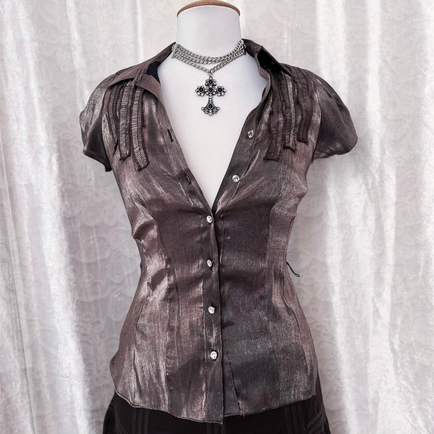 Dark coquette shiny brown shirt 🎥
