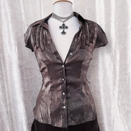 Dark coquette shiny brown shirt 🎥