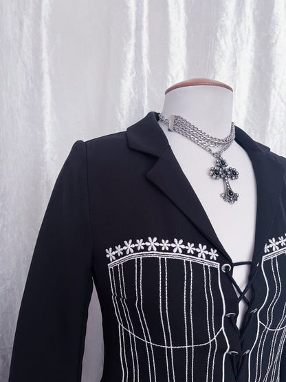 Gothic blazer dress with corset print embroidery & lace up 🎀🦇