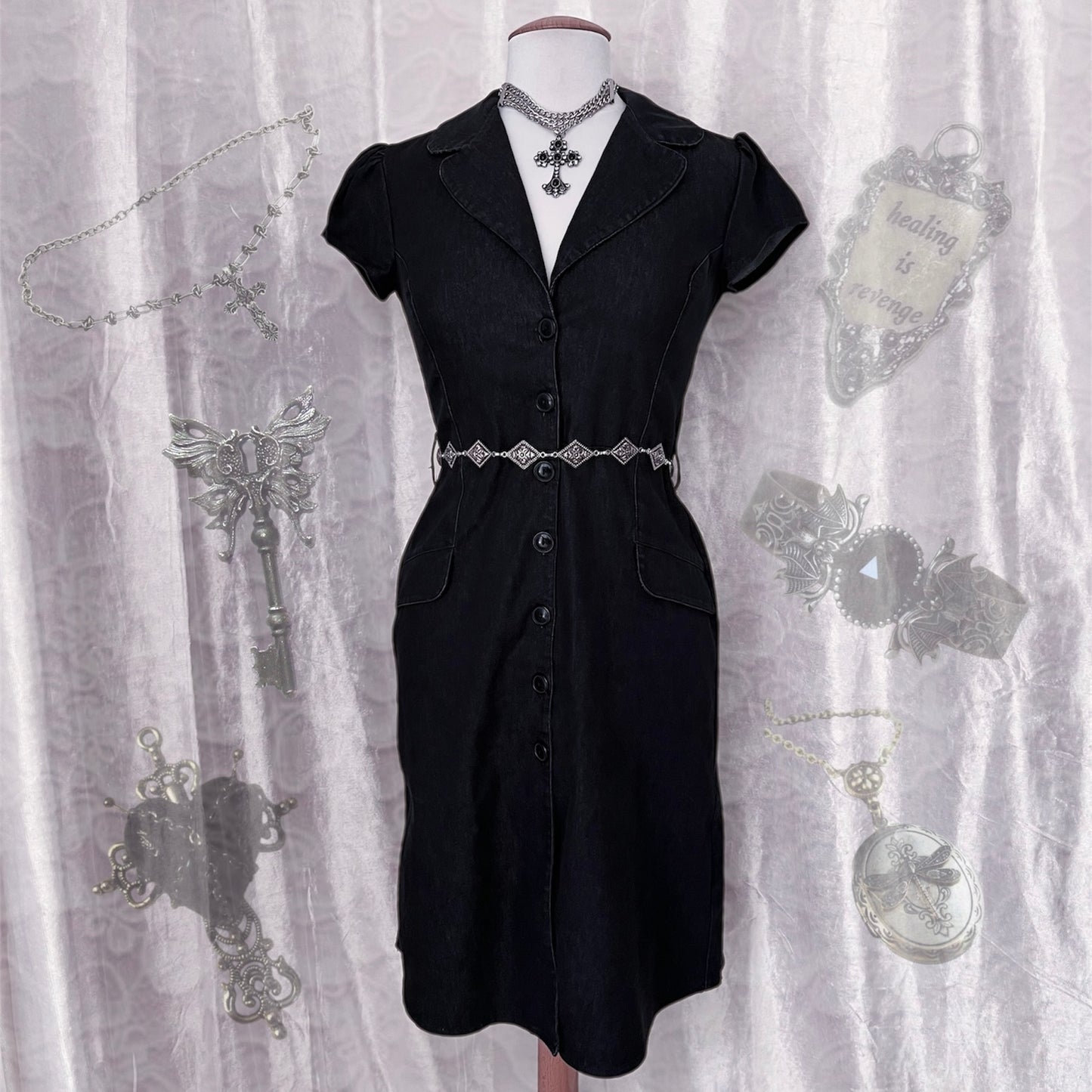 Orsay dark coquette denim dress with puff sleeves 🦋