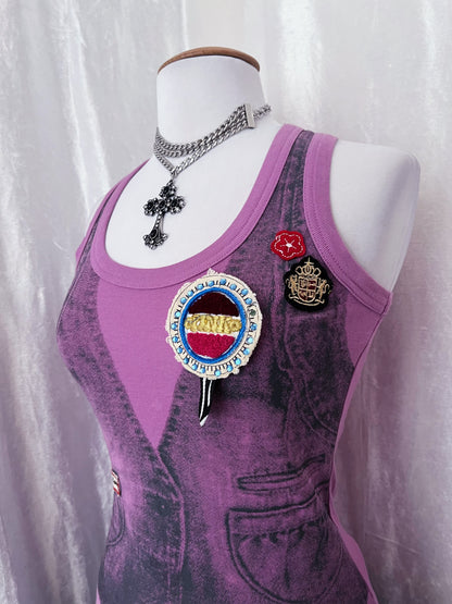 00’s pink woman tank top with vest print & patches