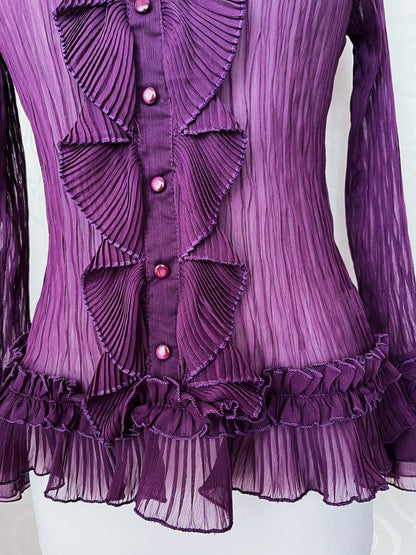 00’s whimsygoth plum ruffle mesh shirt 🔮🦋