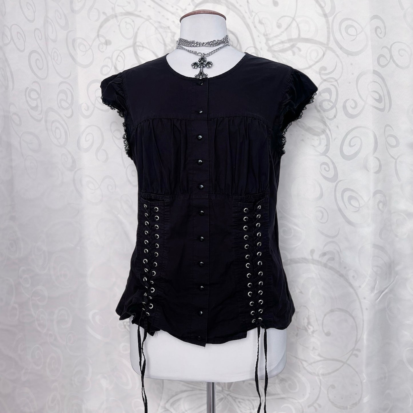 00’s gothic black cotton shirt with lace-up details 🦇🕷️