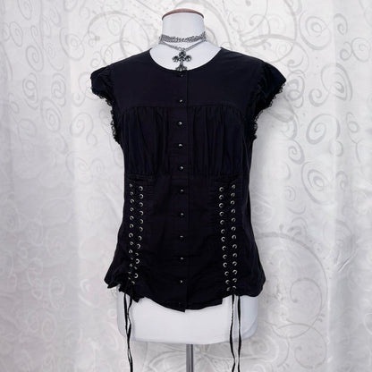 00’s gothic black cotton shirt with lace-up details 🦇🕷️