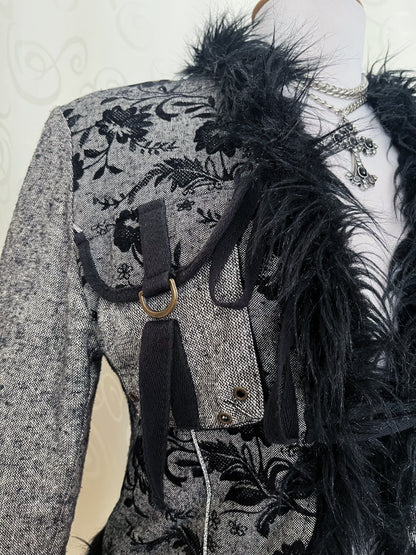 Vintage whimsygoth grey light afghan jacket with velvet, zipper & pocket details 🌀🧚🏾