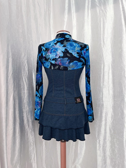 00’s AMNESIA cute denim dress with floral shoulder sleeves & turtleneck 🪻🪽
