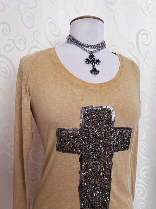 Iconic Y2K sequin cross mustard top ✨✝️