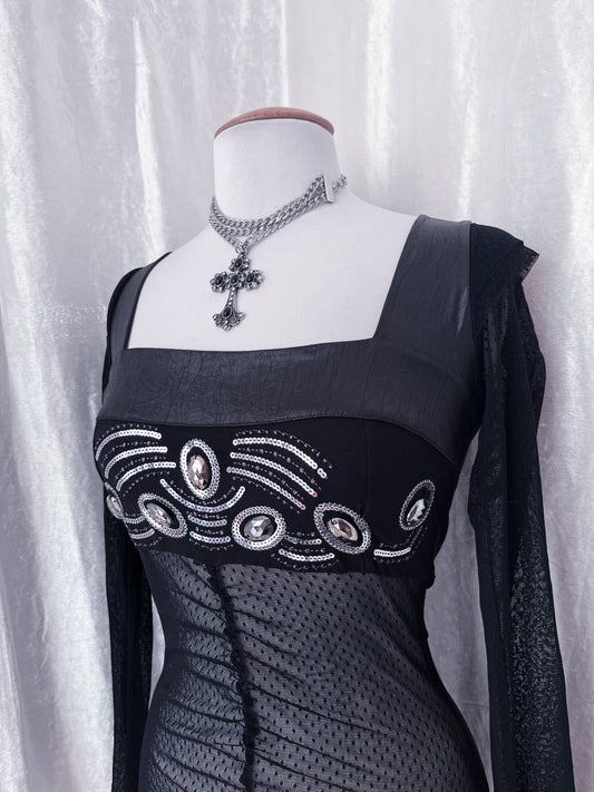 Whimsygoth lacey top with faux leather & sequin details 🦇🧚🏾