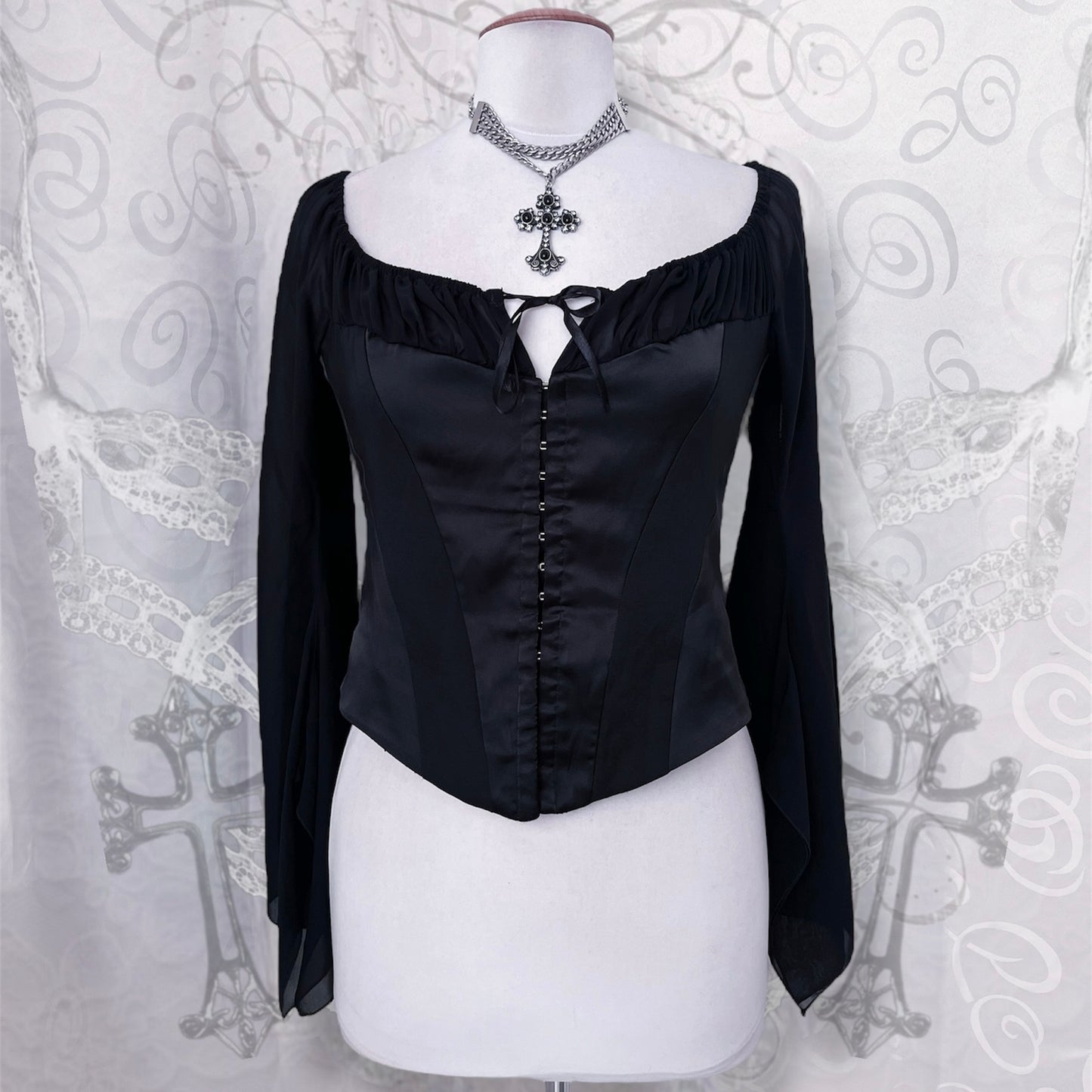 Gothic satin corset top with witchy mesh sleeves 🧙🏻‍♀️🗝