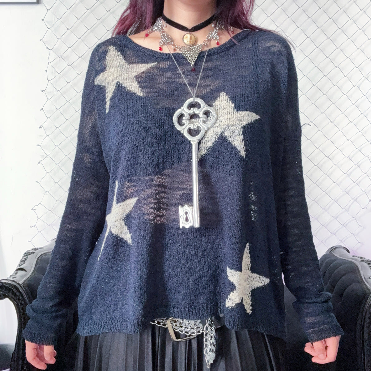 Coraline-style blue light sweater with stars 🗝 ⚉ 🪡 🐈‍⬛