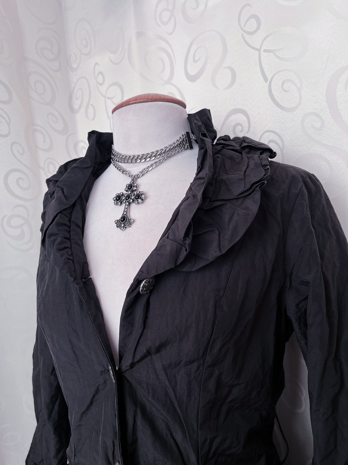 00’s Gothic / Jirai Kei light black coat with ruffle details 🌀🕷️