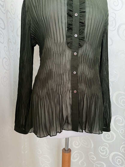 00’s whimsy victorian style mesh olive ruffle shirt 🕷️🌀