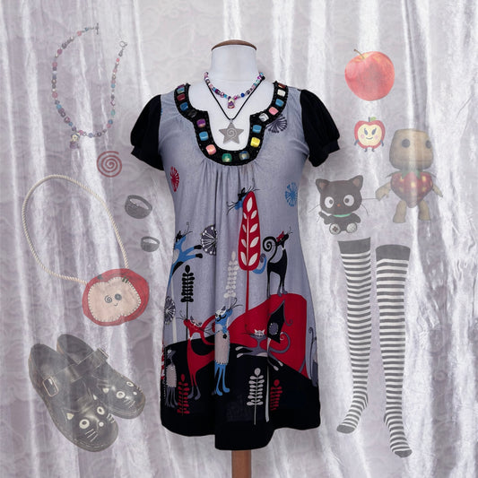 00’s Twee style dress with cat print & beads 🌀✨🐈‍⬛🎠