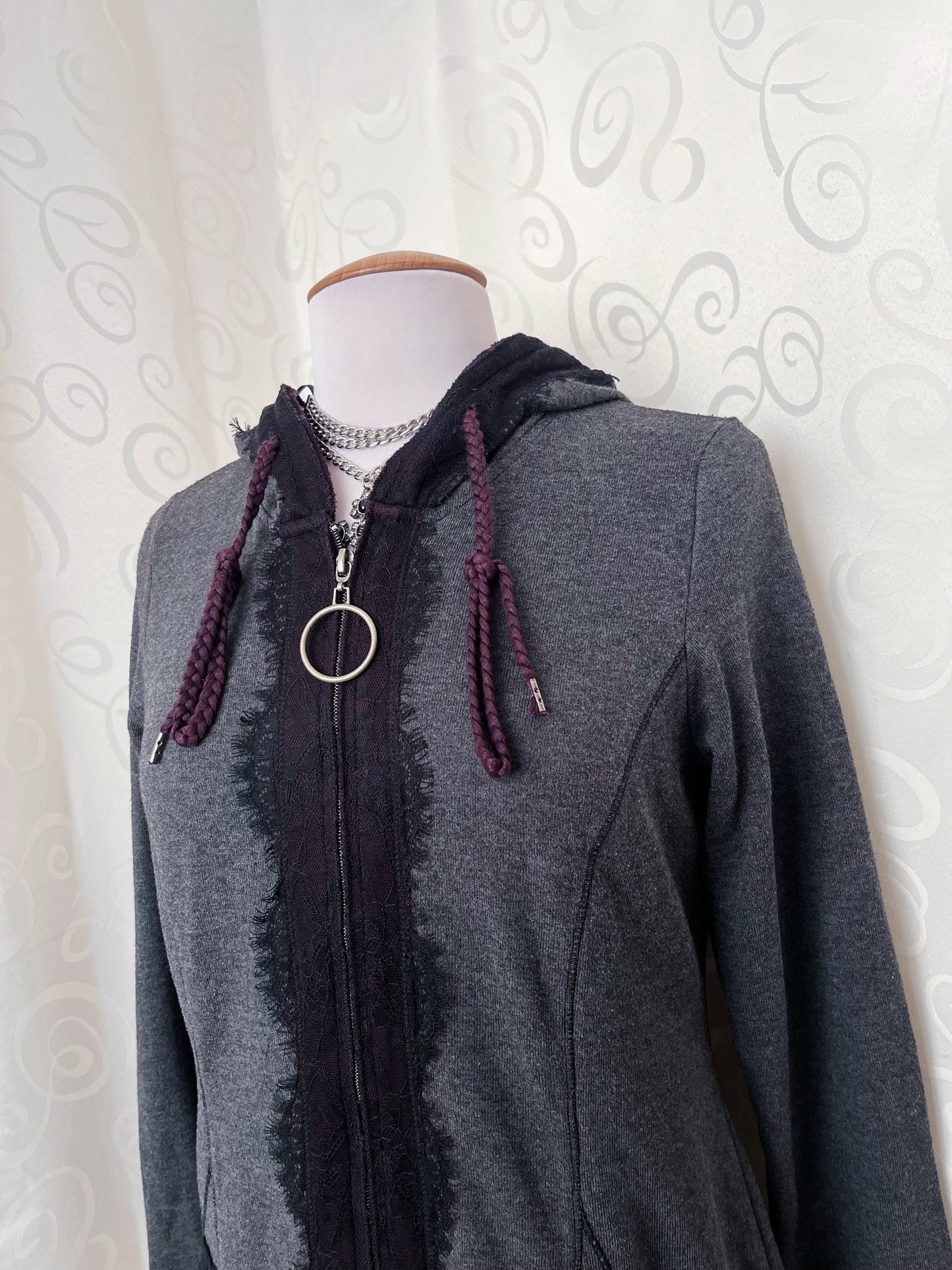 Whimsygoth light grey hooded jacket with beautiful lace details 💜🌀