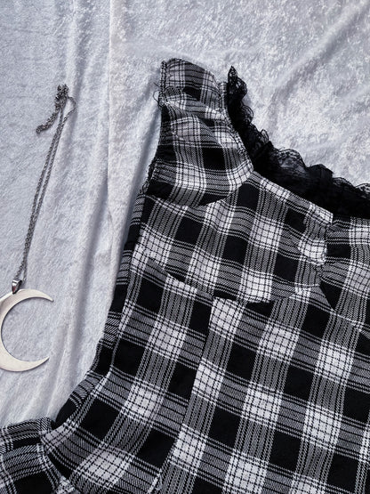 Dark Coquette / Jirai Kei style puffy layered tartan top with lace details 🕷️🎞️