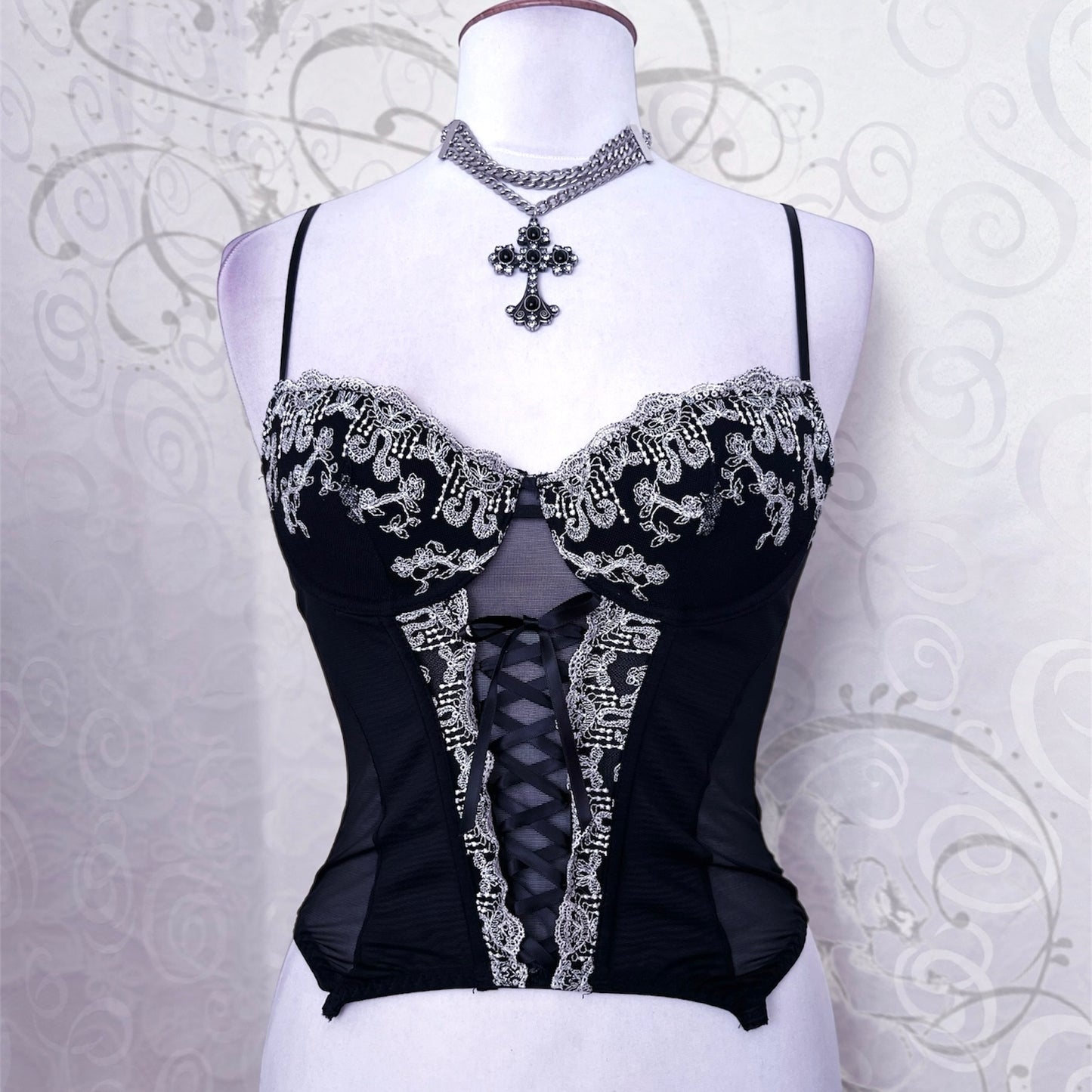 Dark fairy mesh black corset with white lace detail 🪽🦇