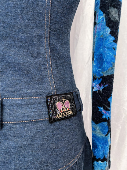 00’s AMNESIA cute denim dress with floral shoulder sleeves & turtleneck 🪻🪽
