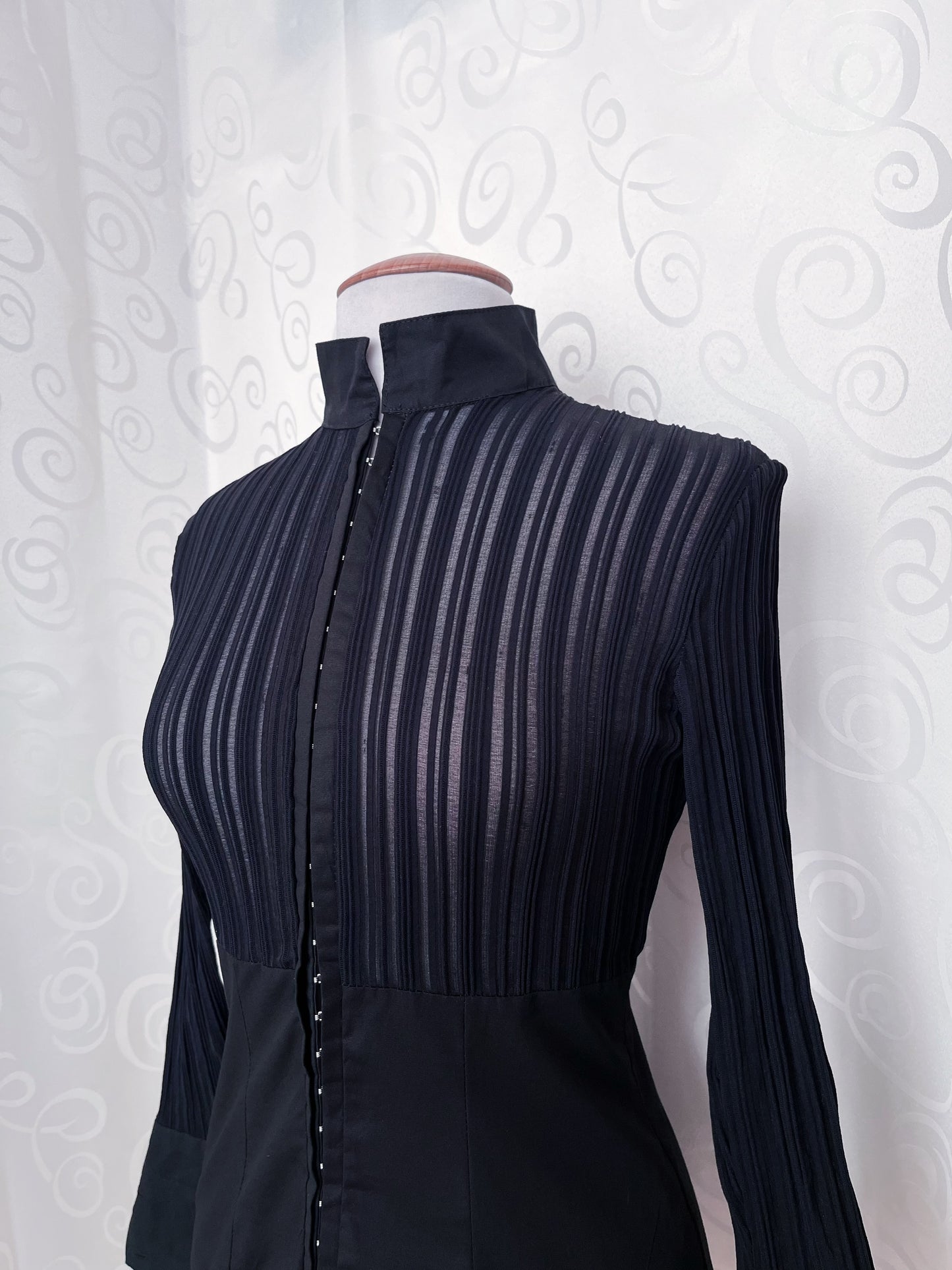 00’s Office Goth black shirt with sheer bustier striped detail 🕷️