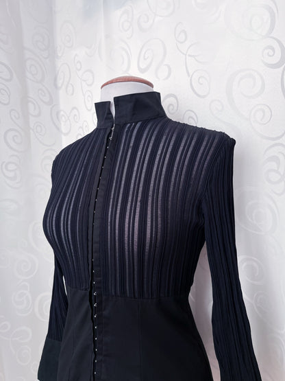 00’s Office Goth black shirt with sheer bustier striped detail 🕷️
