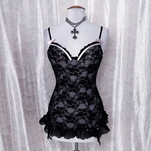 Dark fairy lace babydoll with garter detail 🧚🏽‍♀️