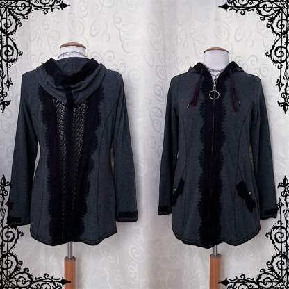 Whimsygoth light grey hooded jacket with beautiful lace details 💜🌀