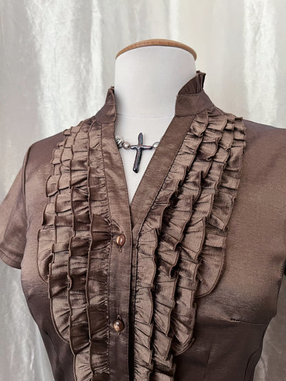 Shiny brown 00's ruffle shirt 🪽