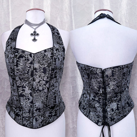 Gothic halter silver corset with lace-up detail 🩶🦇