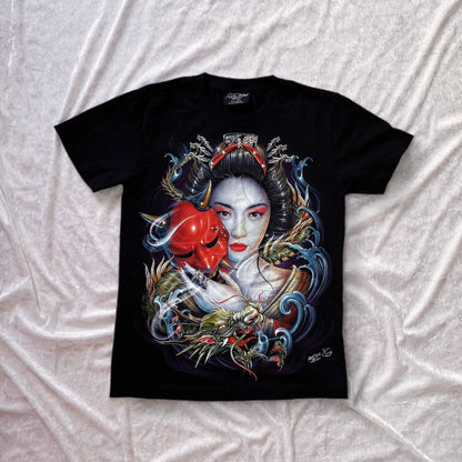 Vintage Geisha cotton shirt with PIERCING & embossed dragon details 👺👹
