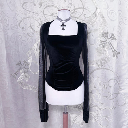 Gothic velvet top with long mesh sleeves 🦇🌑