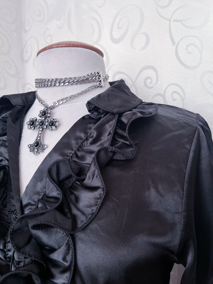 00’s deadstock Gothic/Jirai Kei black satin ruffle shirt 🕷️