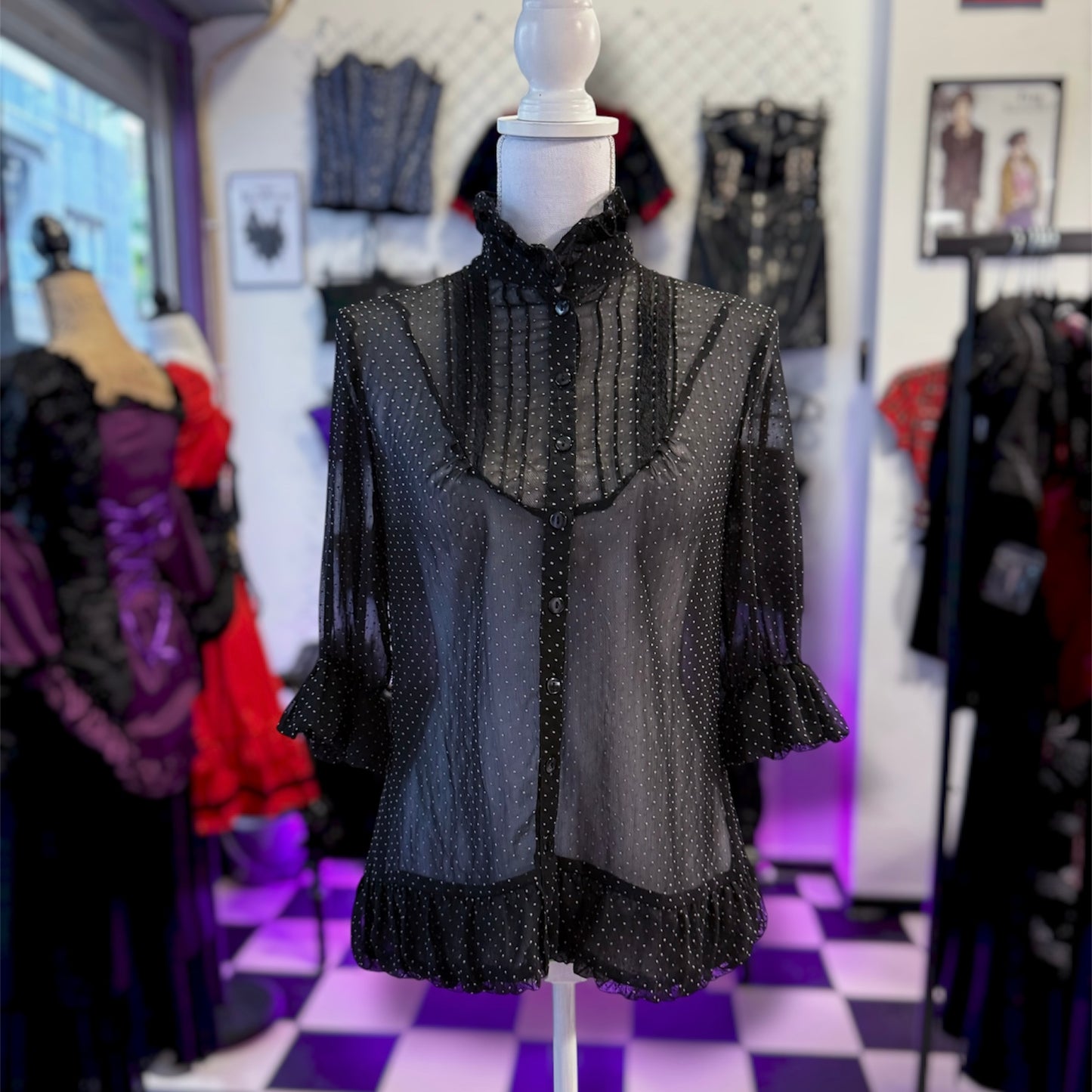Dark coquette/Jirai kei style see-through polka dot shirt 🌀