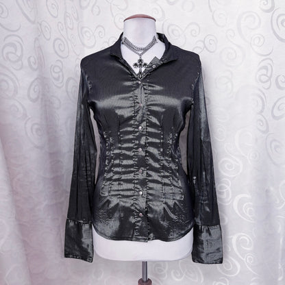 00’s gothic satin striped silver shirt 🩶🖇️
