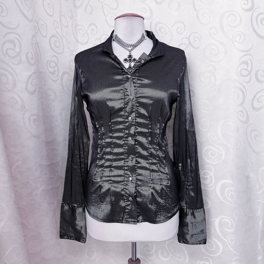 00’s gothic satin striped silver shirt 🩶🖇️