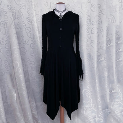 Modern witchy black maxi hooded dress with lace up sleeves 🖤🧙🏻