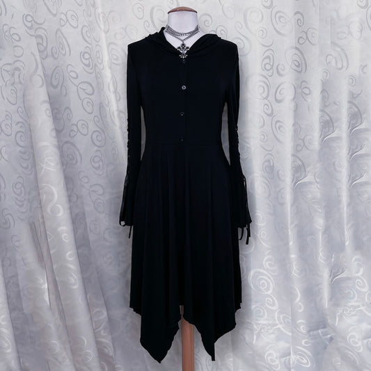 Modern witchy black maxi hooded dress with lace up sleeves 🖤🧙🏻