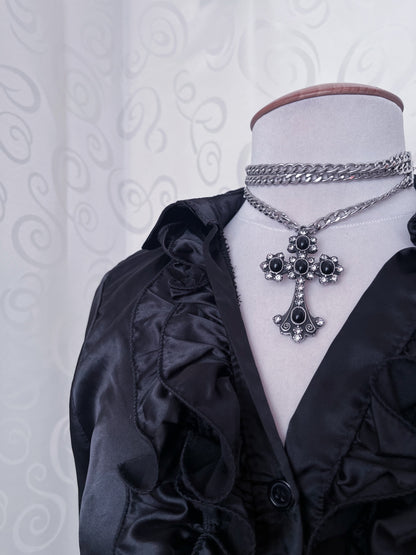 00’s deadstock Gothic/Jirai Kei black satin ruffle shirt 🕷️