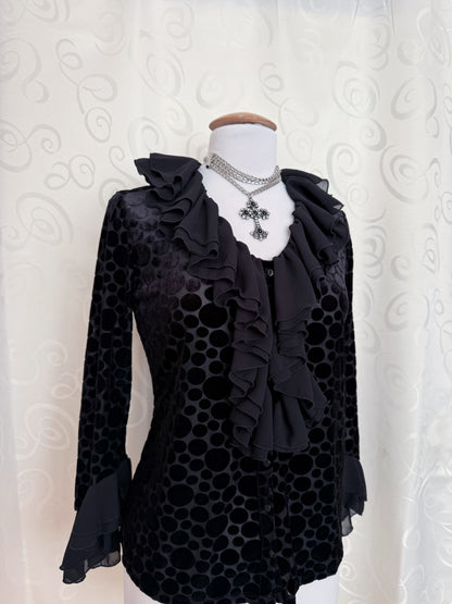 00’s Gothic mesh velvet polka dot shirt with ruffle & lace-up details 🦇