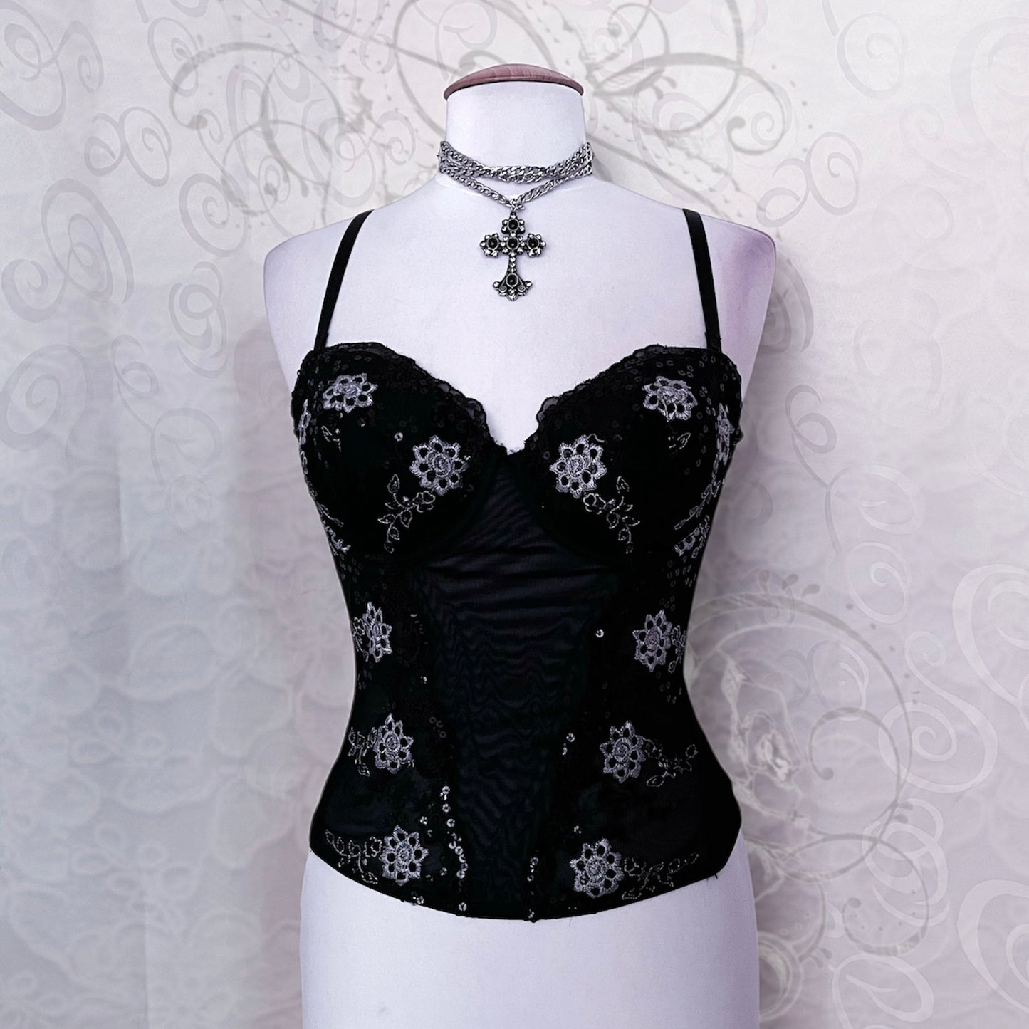 00's fairy black mesh corset with embroidered details 🦷🗝