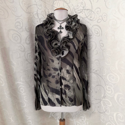 00’s whimsy fairy khaki mesh shirt with ruffle detail 🧚🏾