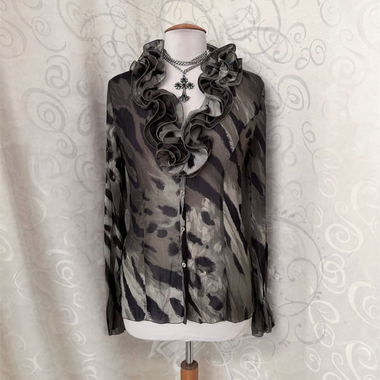 00’s whimsy fairy khaki mesh shirt with ruffle detail 🧚🏾