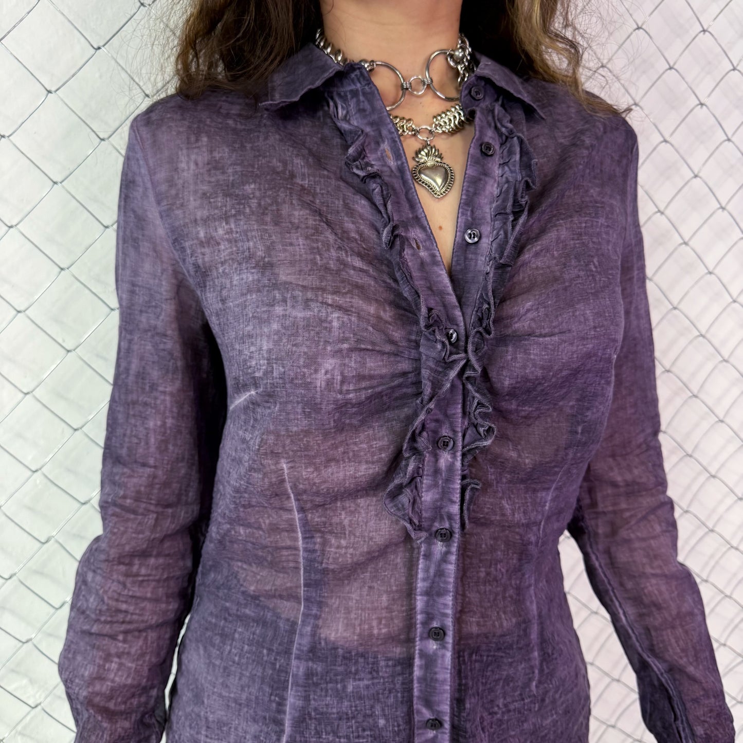 00’s whimsygoth see-through purple ruffle shirt 💜🌀