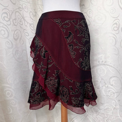 00’s whimsy fairy burgundy asymmetrical skirt with embroidered details 🫀⚜️