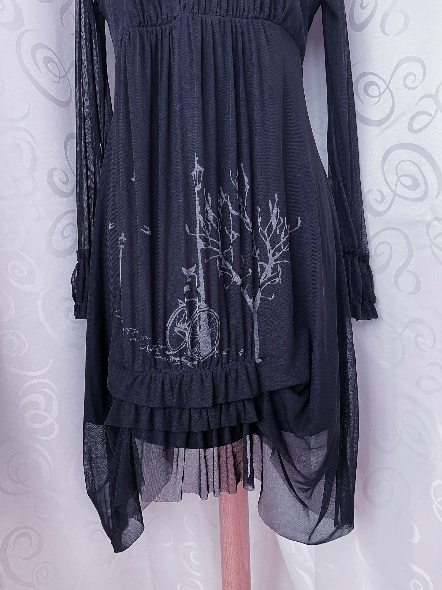 Whimsy mesh ruffle black dress with print detail 🚲