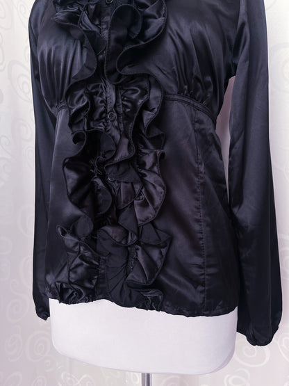 00’s deadstock Gothic/Jirai Kei black satin ruffle shirt 🕷️
