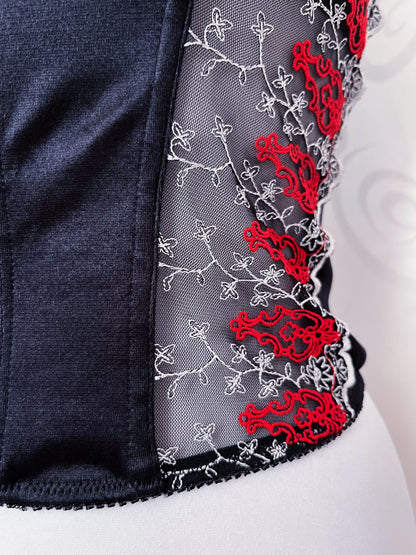 00’s whimsygoth satin corset with mesh & embroidered details 🫀🌀