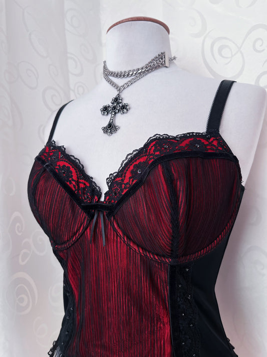 Vampire gothic red mesh corset top with velvet details 🦇🩸
