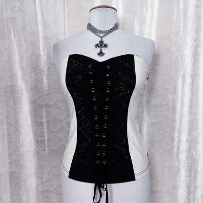 00’s black & white PU leather corset top 🦷♠️