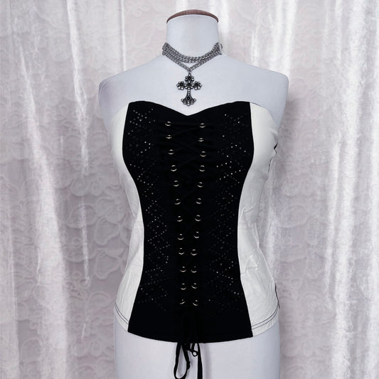00’s black & white PU leather corset top 🦷♠️