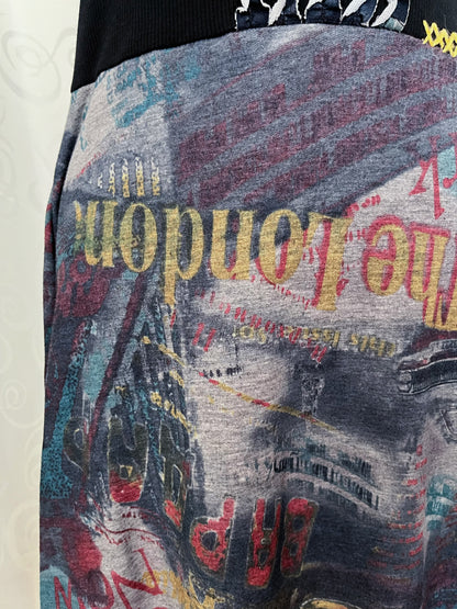 00’s asymmetrical city print dress with ruffle & stitches details 🌀🌃