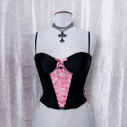 H&M little hot black corset top with lace-up pink bow 🎀